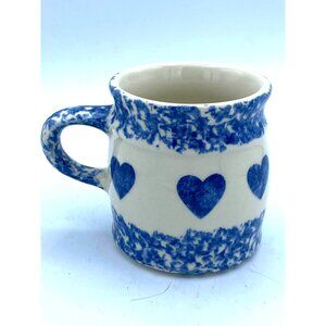 Roseville Ohio Blue and White Spongeware Hearts Pottery Coffee Mug